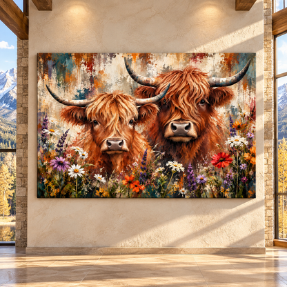 Two Highland Cows with Wildflowers Canvas Wall Art – Rustic Scottish Highland Cattle Floral Painting - ART OF ROYALS