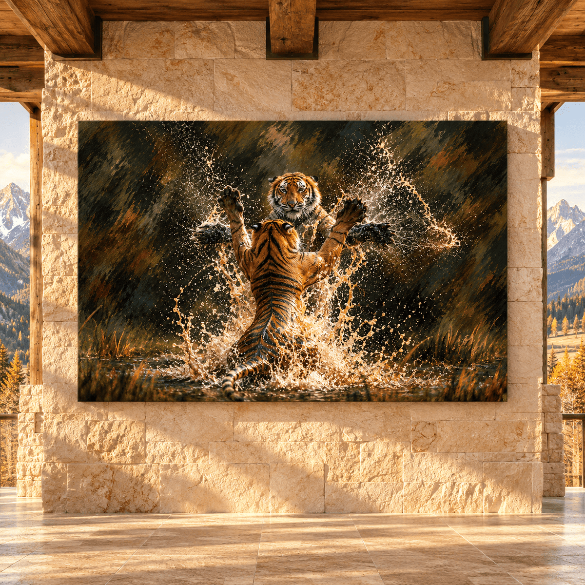 Bengal Tigers Fighting in Water Wrapped Canvas Wall Art – Dramatic Tiger Wildlife Painting - ART OF ROYALS