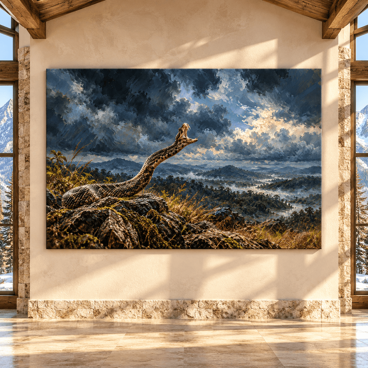 Rattlesnake Under Stormy Sky Canvas Wall Art – Striking Snake in Mountain Wilderness Oil Painting - ART OF ROYALS