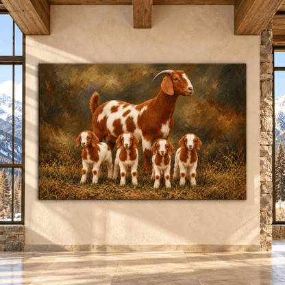 Boer Goat Family Canvas Wall Art – Mother Goat with Four Baby Kids Rustic Farmhouse Oil Painting - ART OF ROYALS