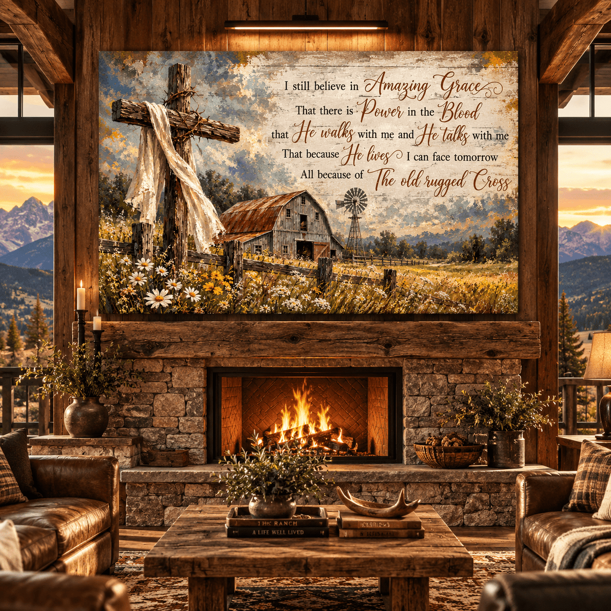 I Still Believe in Amazing Grace Canvas Wall Art – Rustic Christian Cross and Farmhouse Barn Painting - ART OF ROYALS