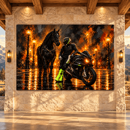 Black Friesian Horse & BMW Sportbike Wrapped Canvas Wall Art – Equestrian Motorcycle Night Painting - ART OF ROYALS