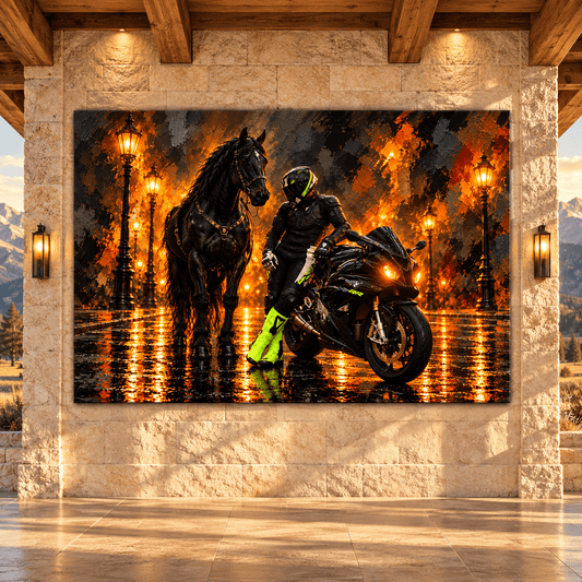 Black Friesian Horse & BMW Sportbike Wrapped Canvas Wall Art – Equestrian Motorcycle Night Painting - ART OF ROYALS
