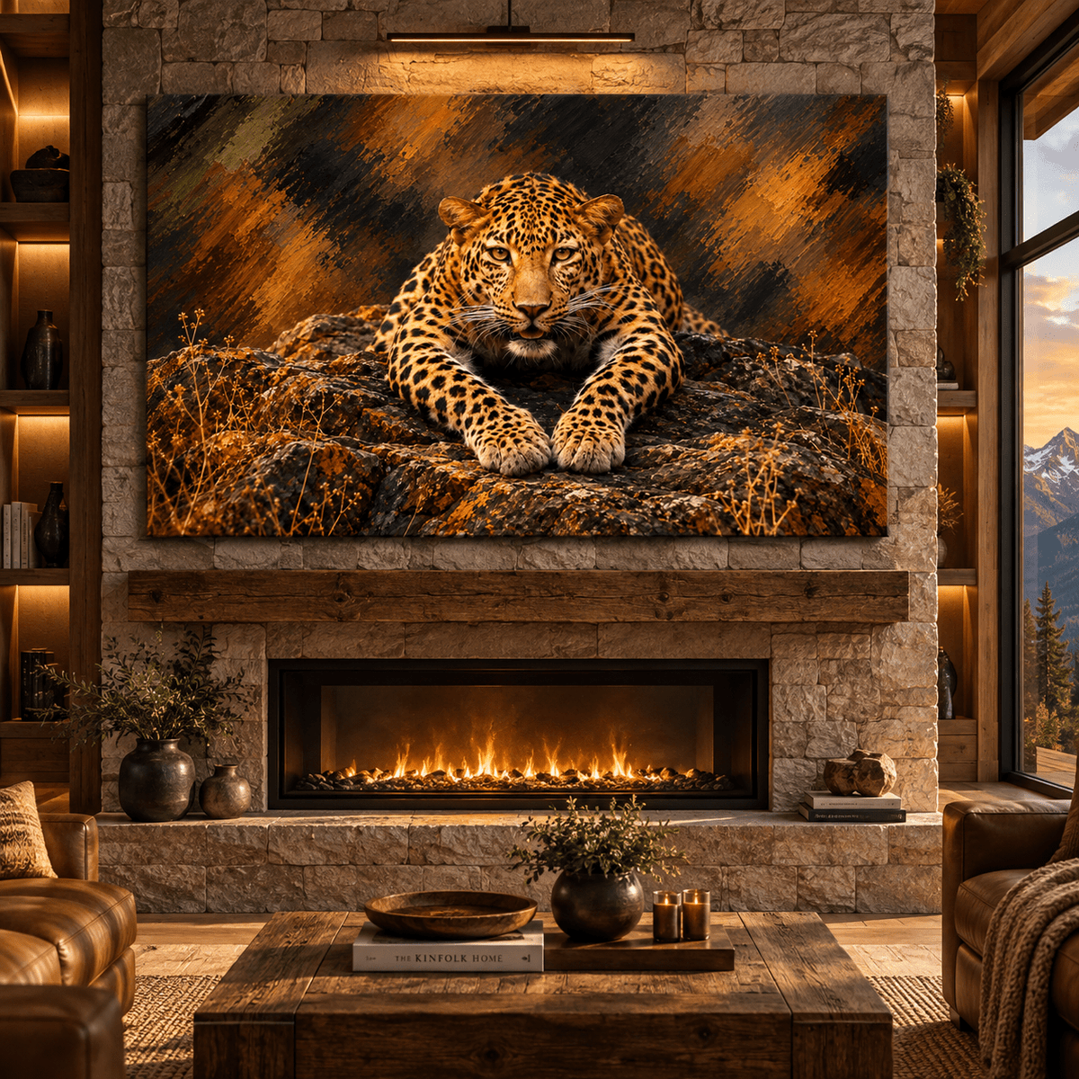 Amur Leopard on Rocky Ledge Wrapped Canvas Wall Art – Golden Spotted Big Cat Wildlife Painting