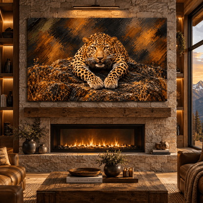 Amur Leopard on Rocky Ledge Wrapped Canvas Wall Art – Golden Spotted Big Cat Wildlife Painting