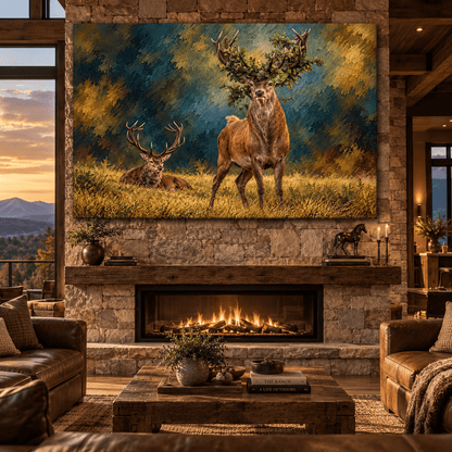 Majestic Red Deer Stags Canvas Wall Art – Two Antlered Bucks in Golden Meadow Wildlife Oil Painting - ART OF ROYALS