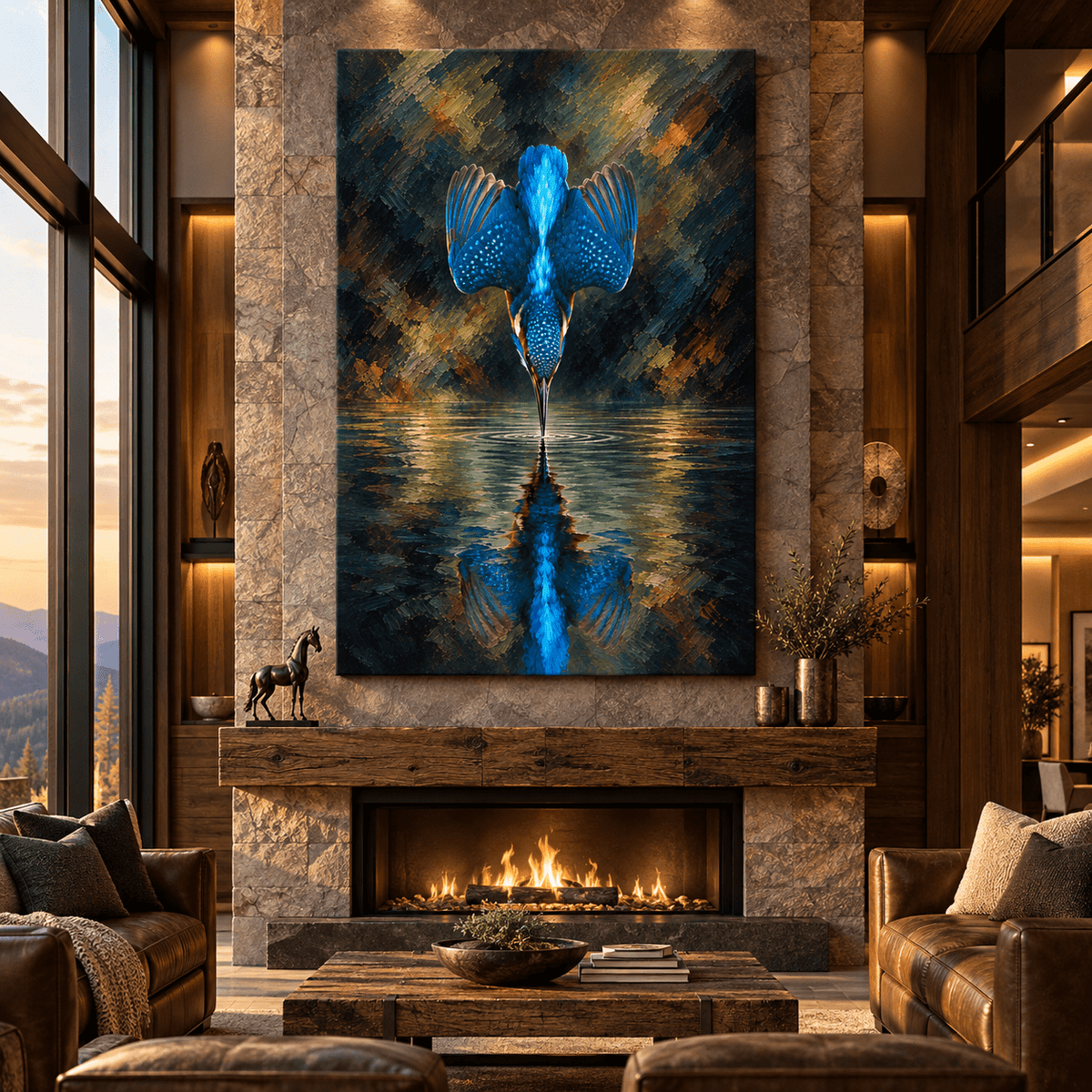 Common Kingfisher Diving into Water Wrapped Canvas Wall Art – Blue Kingfisher Wildlife Painting - ART OF ROYALS