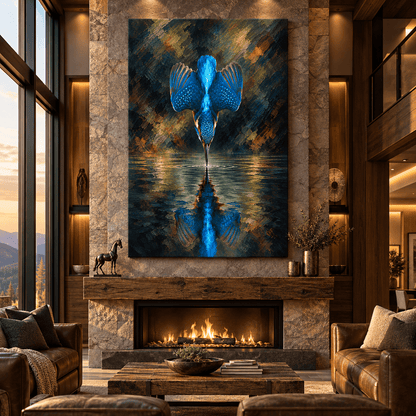 Common Kingfisher Diving into Water Wrapped Canvas Wall Art – Blue Kingfisher Wildlife Painting - ART OF ROYALS