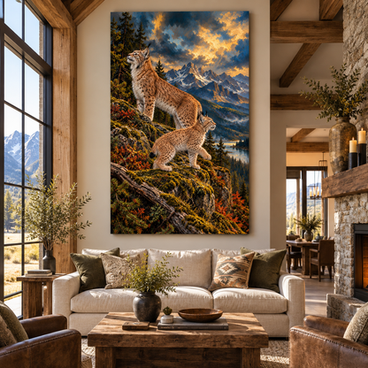 Eurasian Lynx Pair Wrapped Canvas Wall Art – Mountain Wildlife Painting