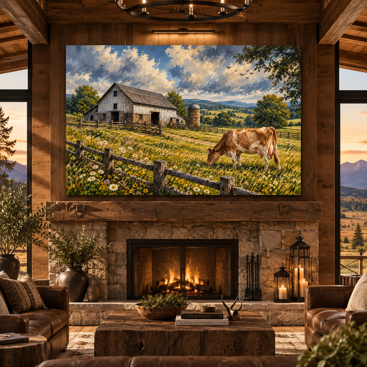 Guernsey Cow Farmhouse Wrapped Canvas Wall Art – Rustic Dairy Farm & Barn Landscape Painting