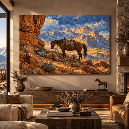 Bay Quarter Horse & Resting Cowboy Wrapped Canvas Wall Art – Western Desert Ranch Painting