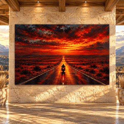 Lone Motorcycle Rider at Fiery Sunset Canvas Wall Art – Endless Desert Highway Oil Painting - ART OF ROYALS