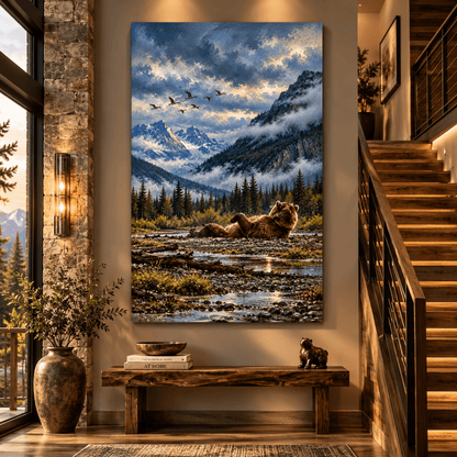 Grizzly Bear Relaxing by Mountain River Canvas Wall Art – Peaceful Bear in Alpine Wilderness Oil Painting - ART OF ROYALS