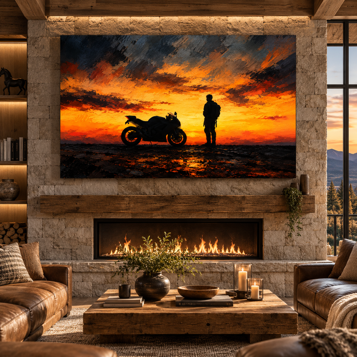 Motorcycle Rider at Sunset Wrapped Canvas Wall Art – Sportbike Adventure Silhouette Painting