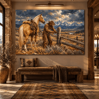 Cowboy Fixing Ranch Fence Canvas Wall Art – Palomino Horse and Snowy Mountain Western Oil Painting - ART OF ROYALS