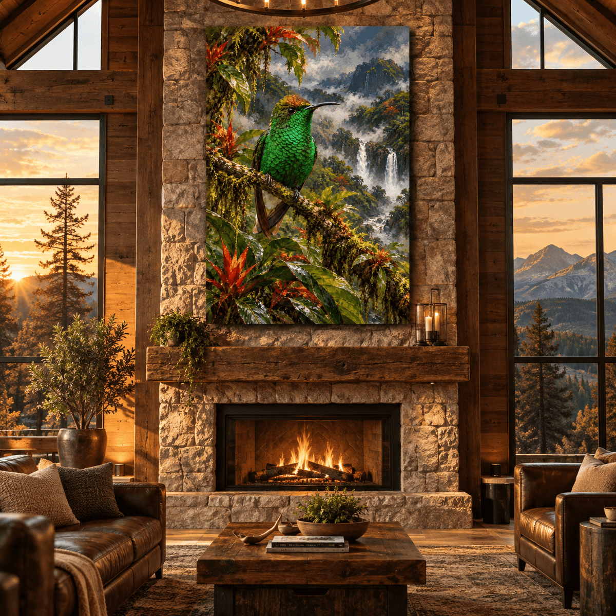 Emerald Green Hummingbird Canvas Wall Art – Tropical Rainforest Waterfall Bird Oil Painting - ART OF ROYALS