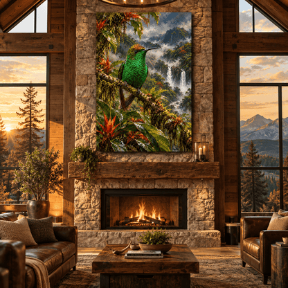 Emerald Green Hummingbird Canvas Wall Art – Tropical Rainforest Waterfall Bird Oil Painting - ART OF ROYALS