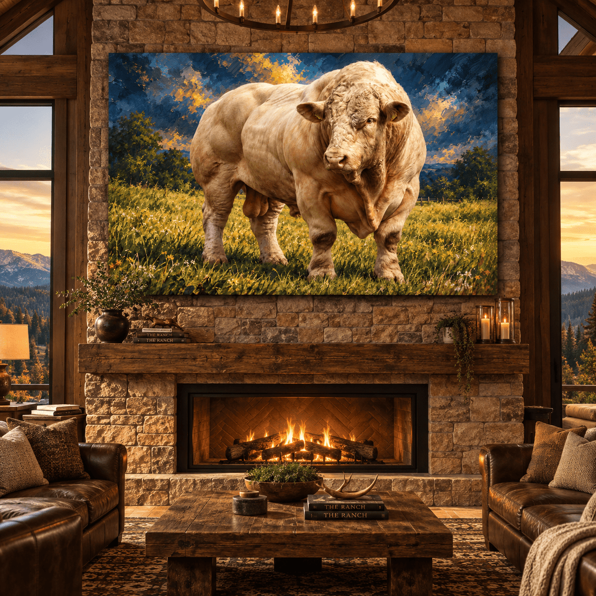 Charolais Bull Canvas Wall Art – Majestic Cream White Cattle in Golden Pasture Oil Painting - ART OF ROYALS