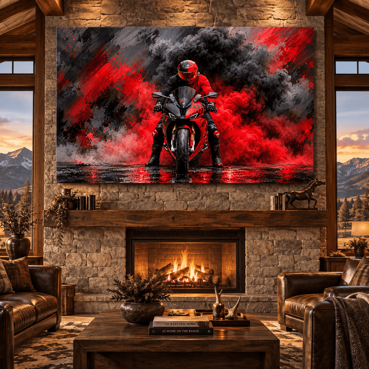 Red Sport Motorcycle Rider Wrapped Canvas Wall Art – Superbike with Red Smoke Racing Painting