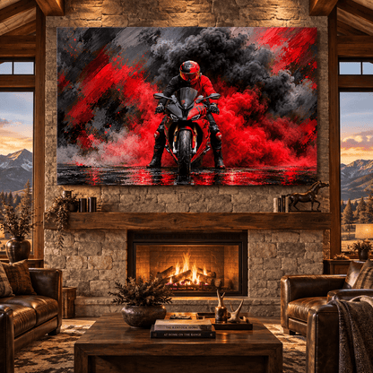 Red Sport Motorcycle Rider Wrapped Canvas Wall Art – Superbike with Red Smoke Racing Painting