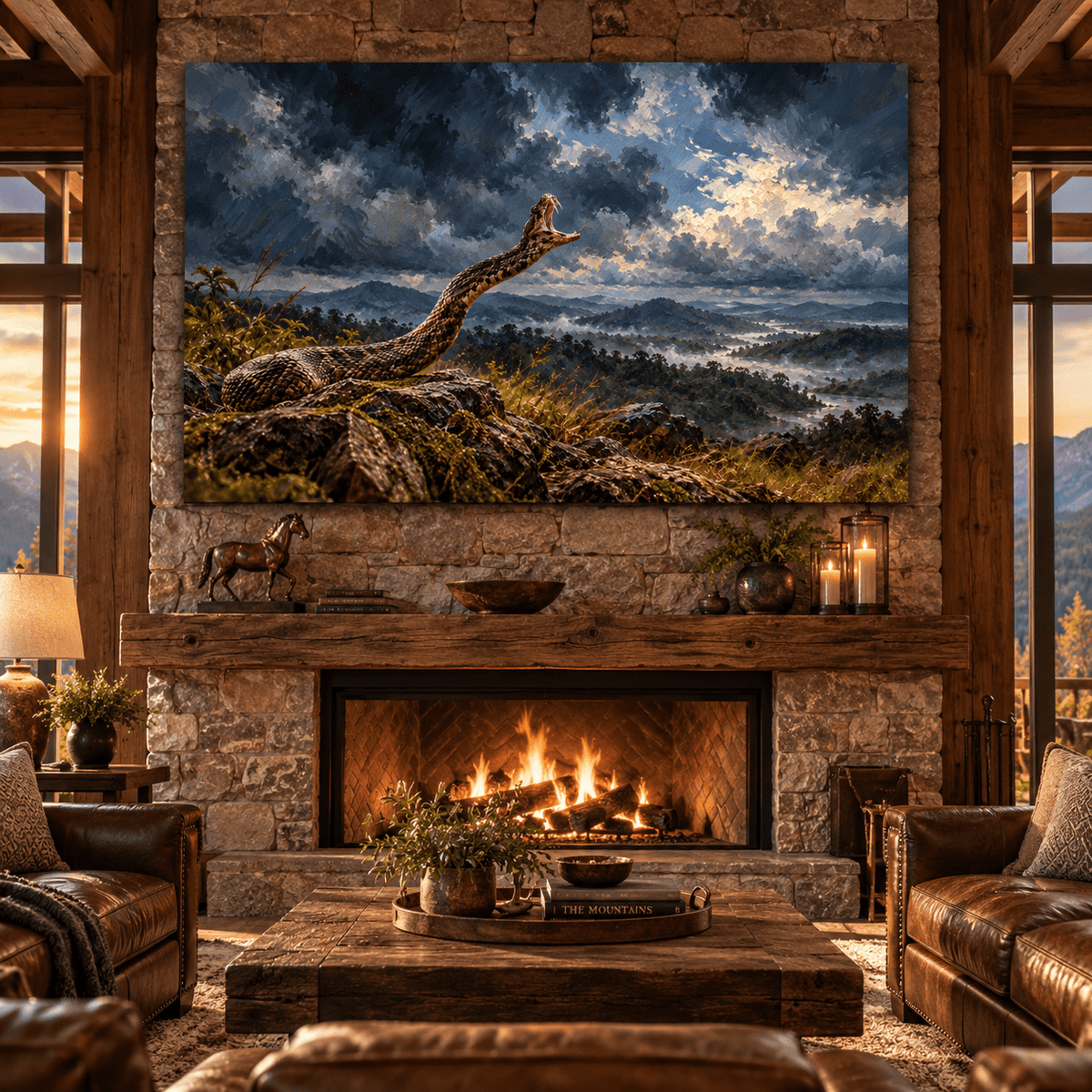 Rattlesnake Under Stormy Sky Canvas Wall Art – Striking Snake in Mountain Wilderness Oil Painting - ART OF ROYALS