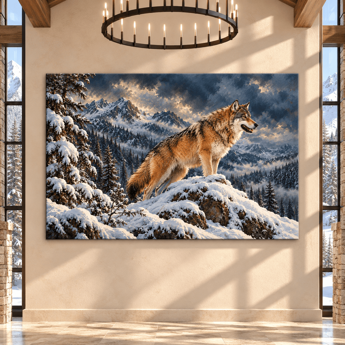 Gray Wolf on Snowy Mountain Wrapped Canvas Wall Art – Majestic Winter Wilderness Wolf Painting - ART OF ROYALS