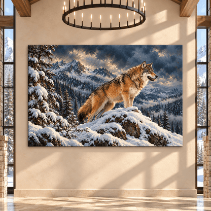 Gray Wolf on Snowy Mountain Wrapped Canvas Wall Art – Majestic Winter Wilderness Wolf Painting - ART OF ROYALS