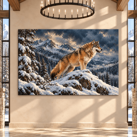 Gray Wolf on Snowy Mountain Wrapped Canvas Wall Art – Majestic Winter Wilderness Wolf Painting - ART OF ROYALS