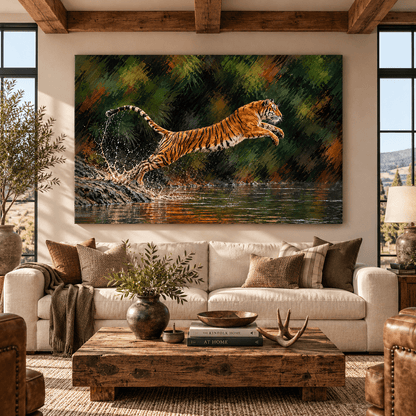 Bengal Tiger Leaping into River Canvas Wall Art – Wild Tiger Jumping from Rocky Shore Oil Painting - ART OF ROYALS