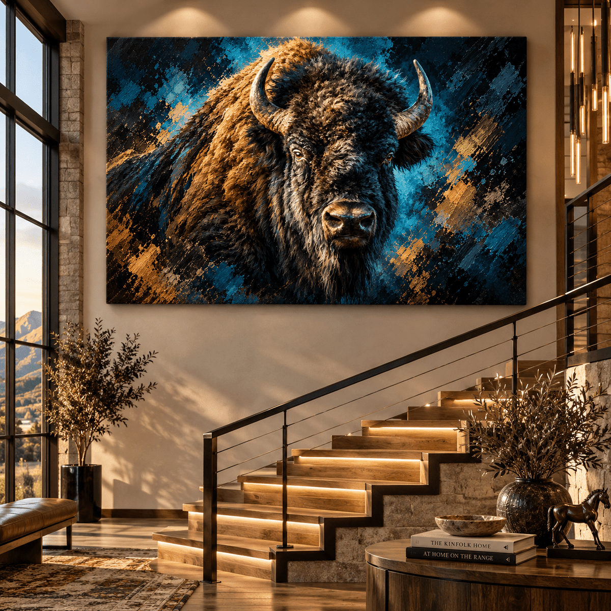 American Bison Portrait Wrapped Canvas Wall Art – Buffalo Western Wildlife Painting - ART OF ROYALS