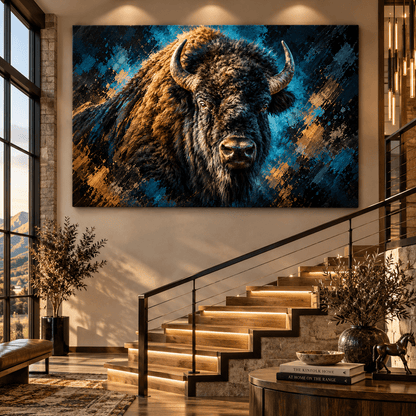 American Bison Portrait Wrapped Canvas Wall Art – Buffalo Western Wildlife Painting - ART OF ROYALS