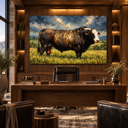 Tiger Striped Brindle Bull in Pasture Wrapped Canvas Wall Art – Impasto Oil Painting Cattle Print