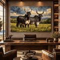 Brahman Cattle Pair Canvas Wall Art – Two Black Gray Brahman Cows in Golden Pasture Oil Painting