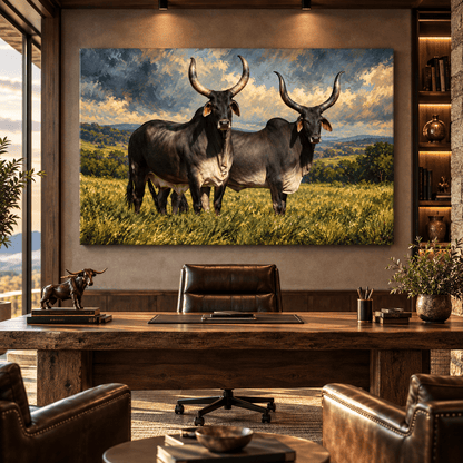 Brahman Cattle Pair Canvas Wall Art – Two Black Gray Brahman Cows in Golden Pasture Oil Painting - ART OF ROYALS