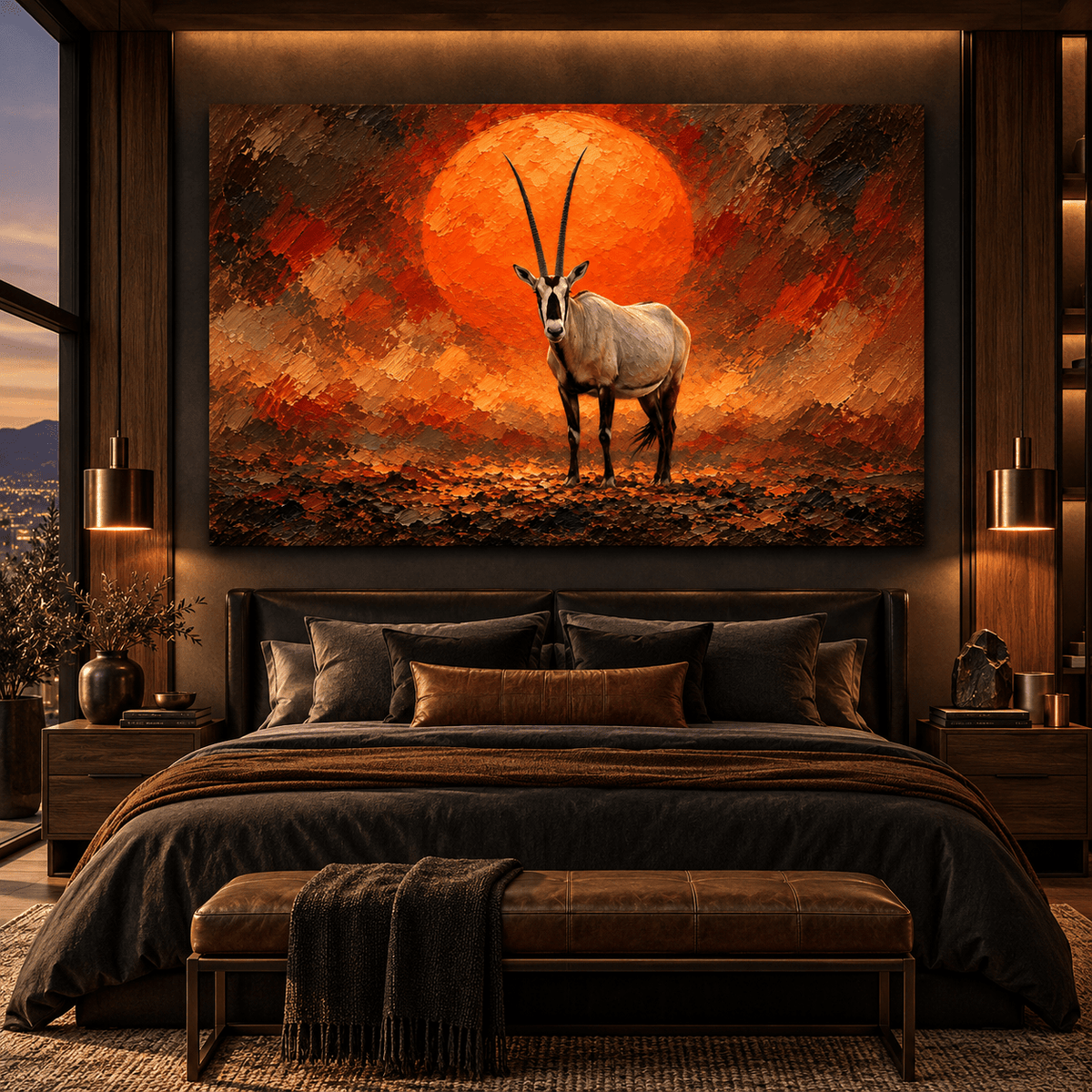 Arabian Oryx at Sunset Canvas Wall Art – Majestic White Antelope with Orange Sun Wildlife Oil Painting - ART OF ROYALS
