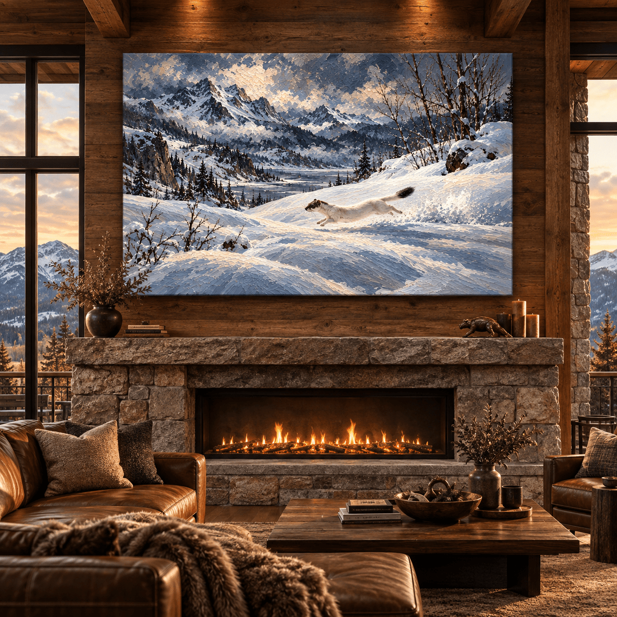 Stoat in Winter Snow Wrapped Canvas Wall Art – Ermine Running Through Alpine Landscape Painting - ART OF ROYALS