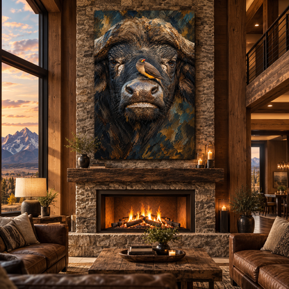 African Buffalo & Oxpecker Wrapped Canvas Wall Art – Wildlife Friendship Painting