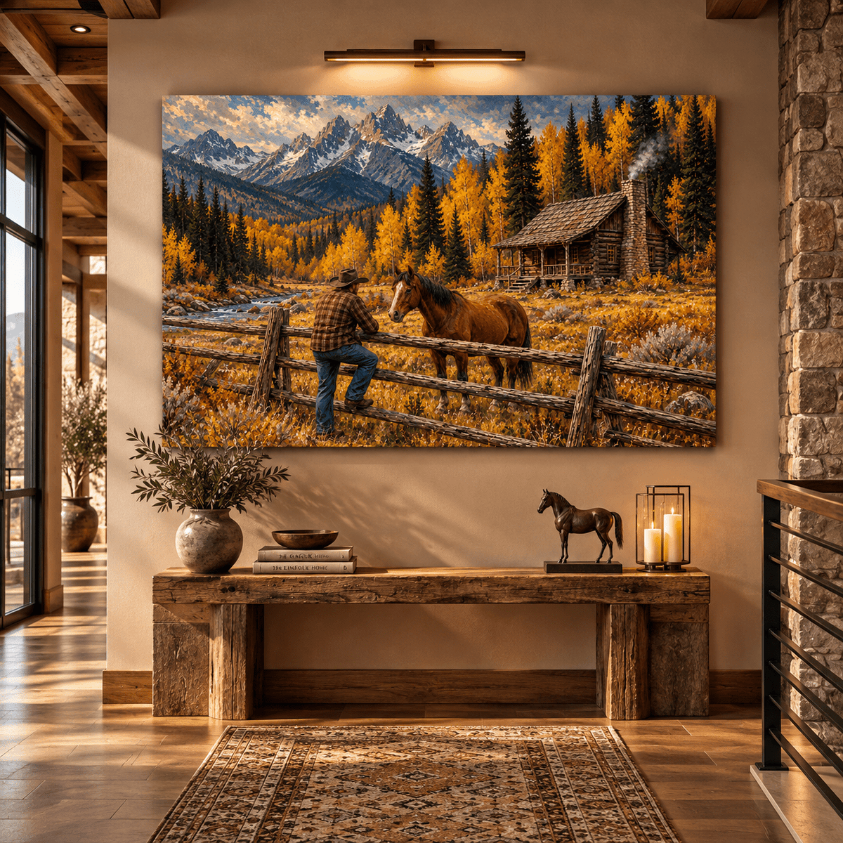 Cowboy and Horse Canvas Wall Art – Autumn Mountain Log Cabin Western Ranch Oil Painting - ART OF ROYALS