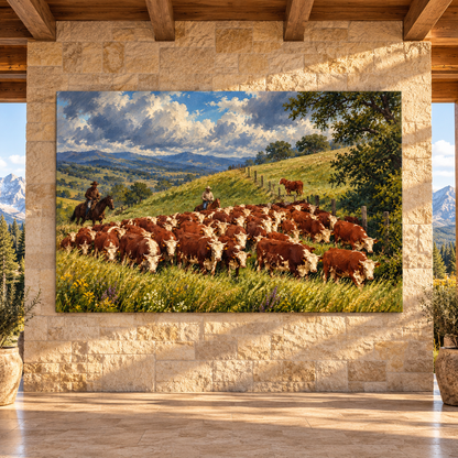 Hereford Cattle Herd & Cowboys Wrapped Canvas Wall Art – Western Ranch Landscape Painting