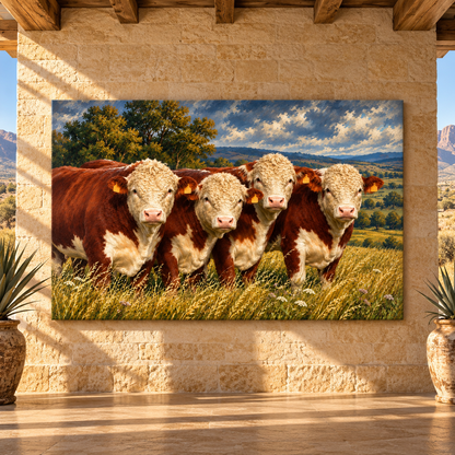 Hereford Cattle Herd Wrapped Canvas Wall Art – White-Faced Cows in Country Pasture Painting