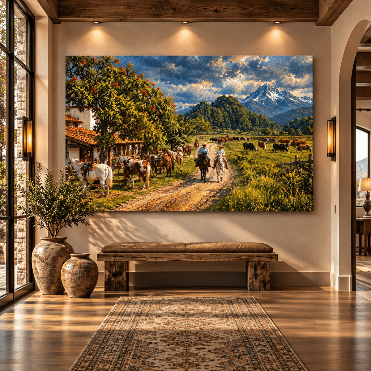 Mountain Ranch Canvas Wall Art – Cowboys, Horses and Cattle with Rustic Farmhouse - ART OF ROYALS