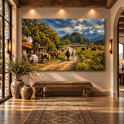 Mountain Ranch Canvas Wall Art – Cowboys, Horses and Cattle with Rustic Farmhouse - ART OF ROYALS