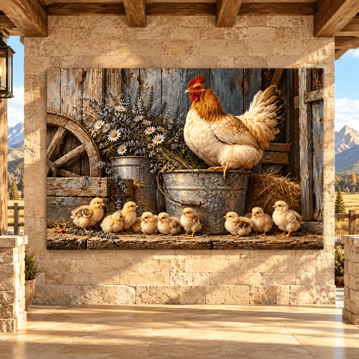 Mother Hen with Baby Chicks Wrapped Canvas Wall Art – Rustic Farmhouse Chicken and Wildflower Painting - ART OF ROYALS
