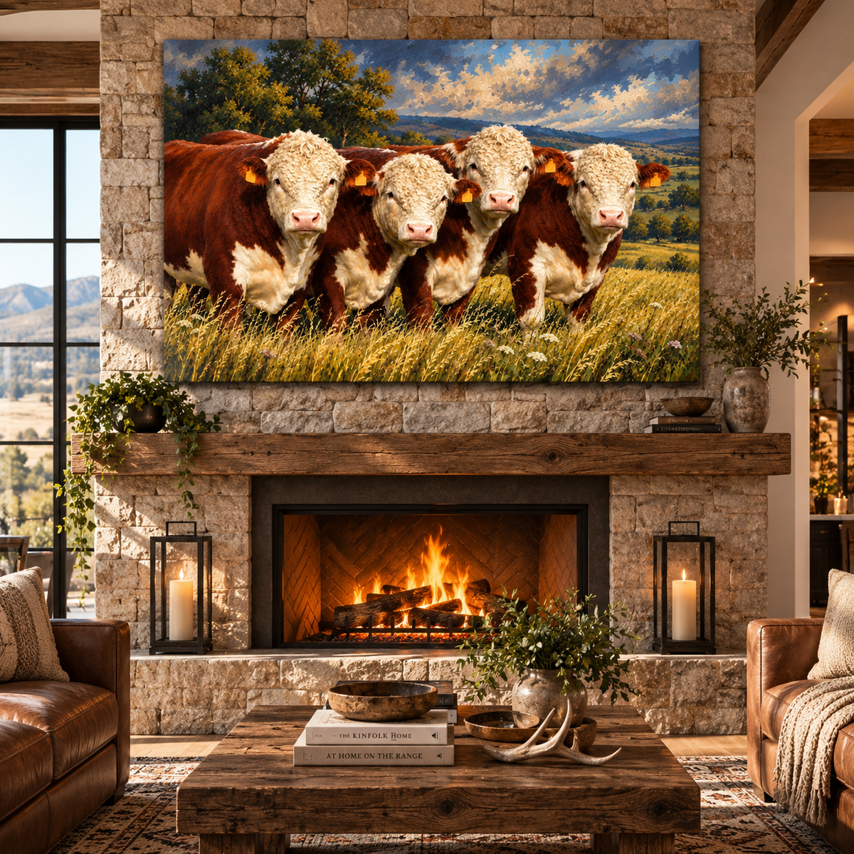 Hereford Cattle Herd Wrapped Canvas Wall Art – White-Faced Cows in Country Pasture Painting