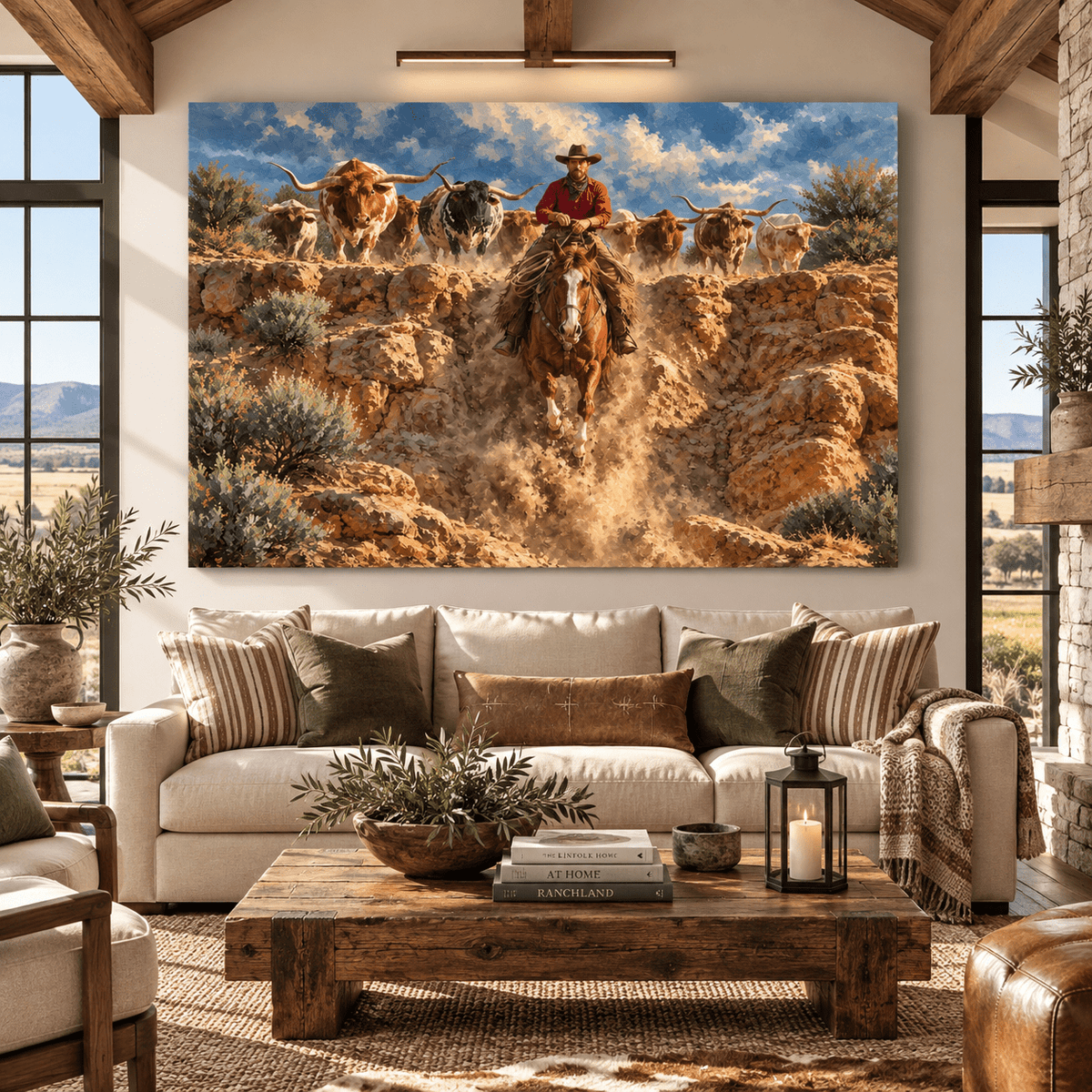Texas Longhorn Cattle Drive Canvas Wall Art – Cowboy on Chestnut Horse Western Ranch Painting - ART OF ROYALS