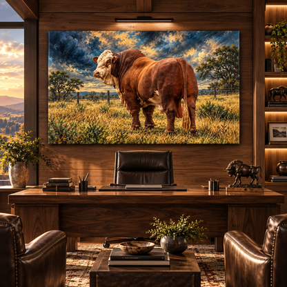 Simmental Bull Wrapped Canvas Wall Art – Red & White Cattle Ranch Painting