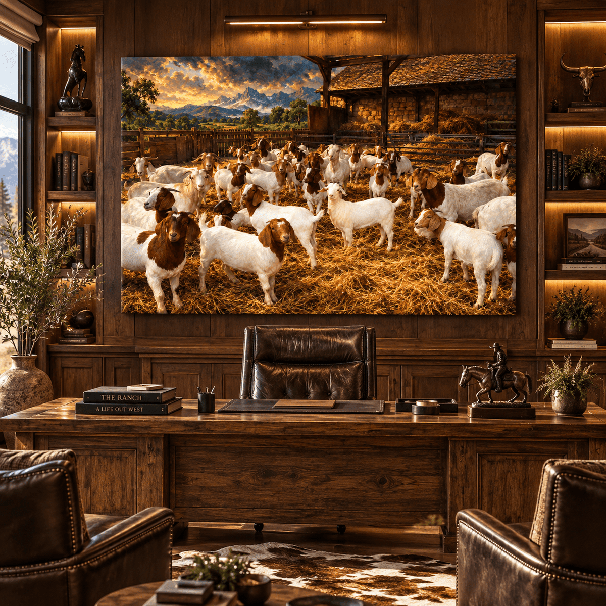 Boer Goat Herd Canvas Wall Art – Rustic Barnyard and Golden Mountain Sunset Painting - ART OF ROYALS