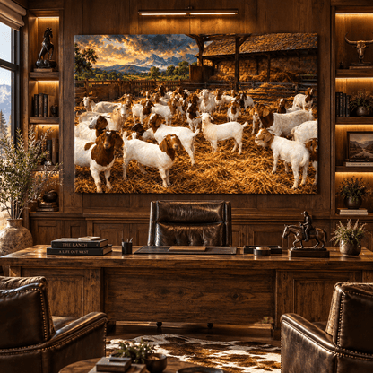 Boer Goat Herd Canvas Wall Art – Rustic Barnyard and Golden Mountain Sunset Painting - ART OF ROYALS