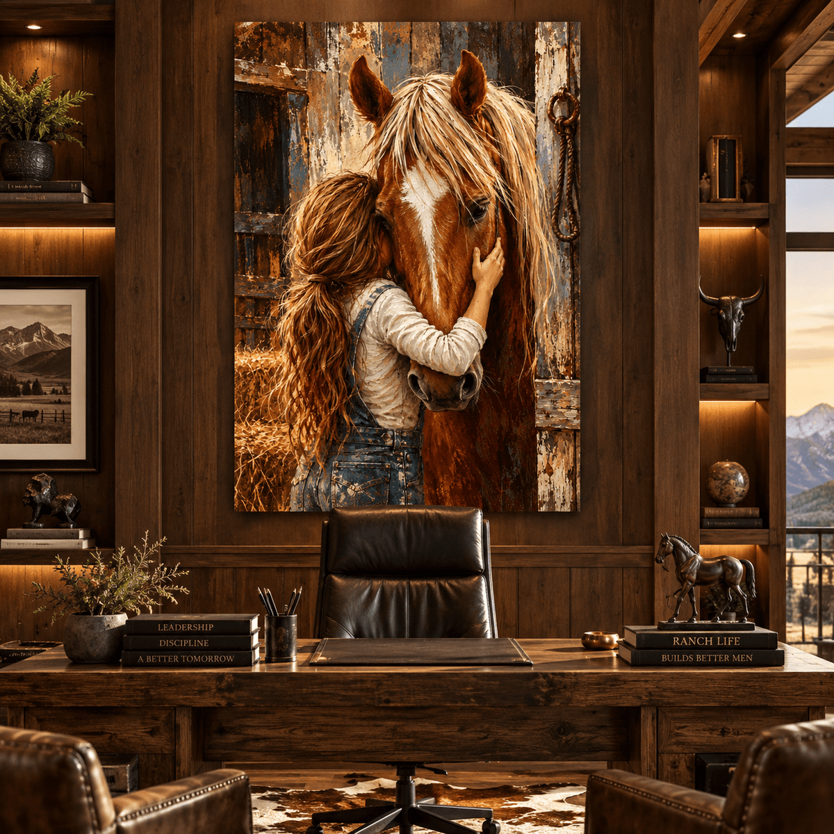 Girl Hugging Chestnut Horse Canvas Wall Art – Heartwarming Equestrian Love Rustic Stable Oil Painting - ART OF ROYALS