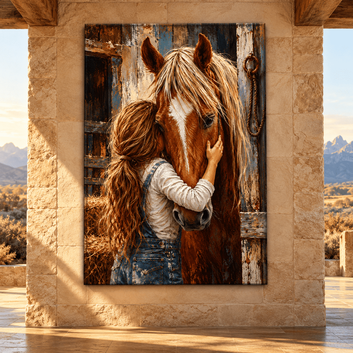 Girl Hugging Chestnut Horse Canvas Wall Art – Heartwarming Equestrian Love Rustic Stable Oil Painting - ART OF ROYALS